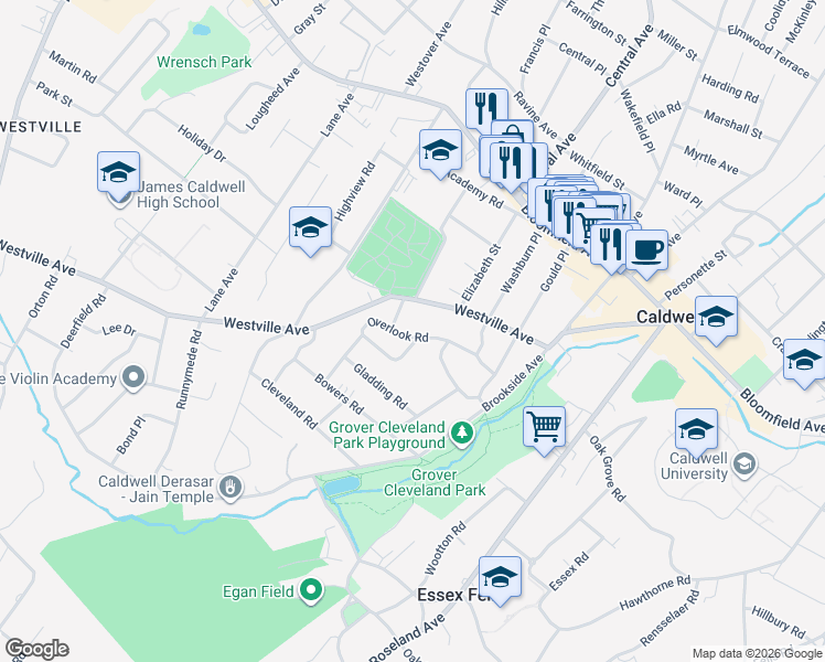 map of restaurants, bars, coffee shops, grocery stores, and more near 108 Westville Avenue in Caldwell