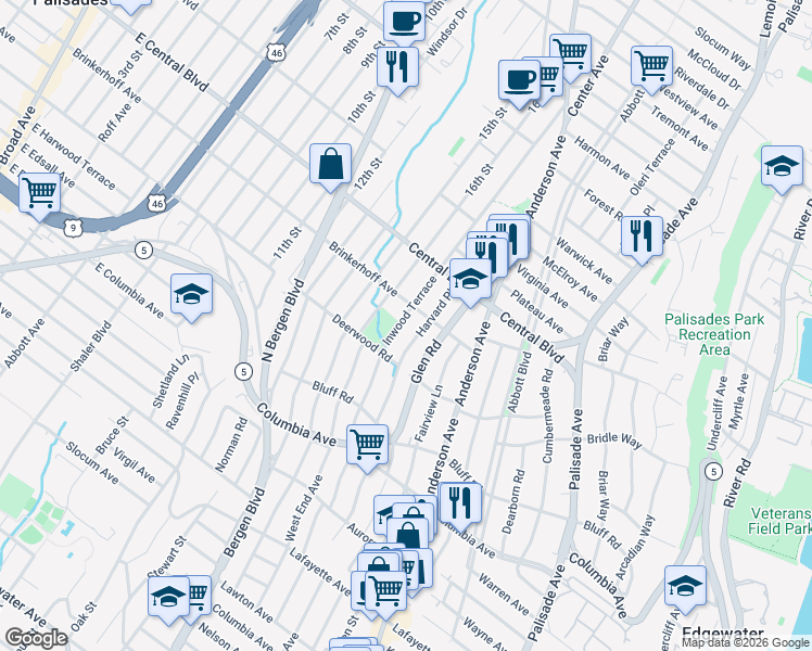 map of restaurants, bars, coffee shops, grocery stores, and more near 503 Brinkerhoff Avenue in Palisades Park
