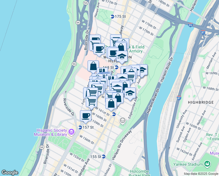 map of restaurants, bars, coffee shops, grocery stores, and more near 3938 Broadway in New York