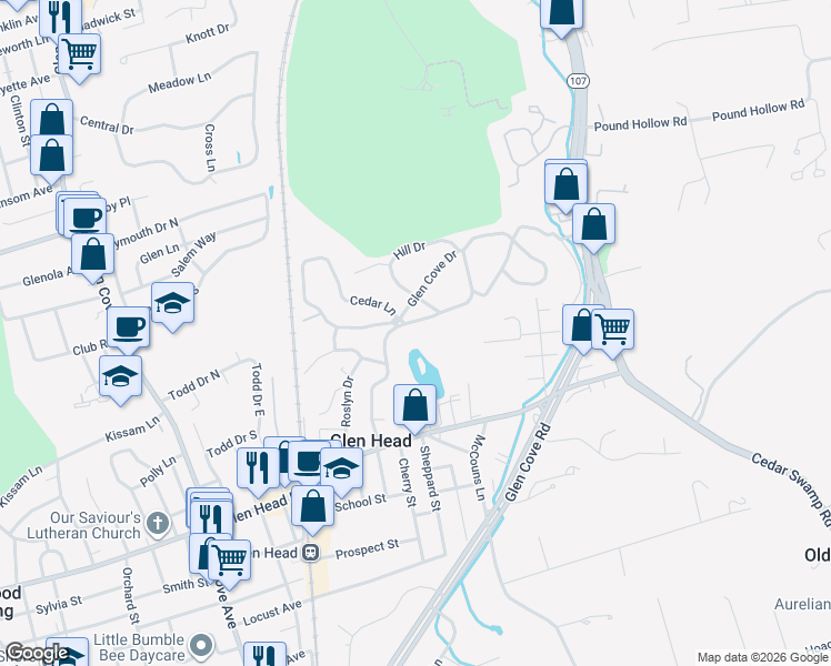 map of restaurants, bars, coffee shops, grocery stores, and more near 56 The Promenade in Glen Head