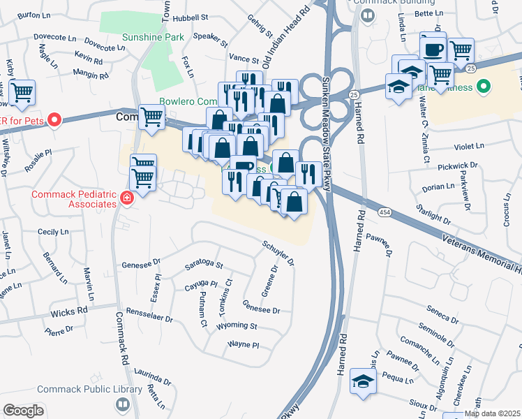 map of restaurants, bars, coffee shops, grocery stores, and more near 108 Veterans Memorial Highway in Commack