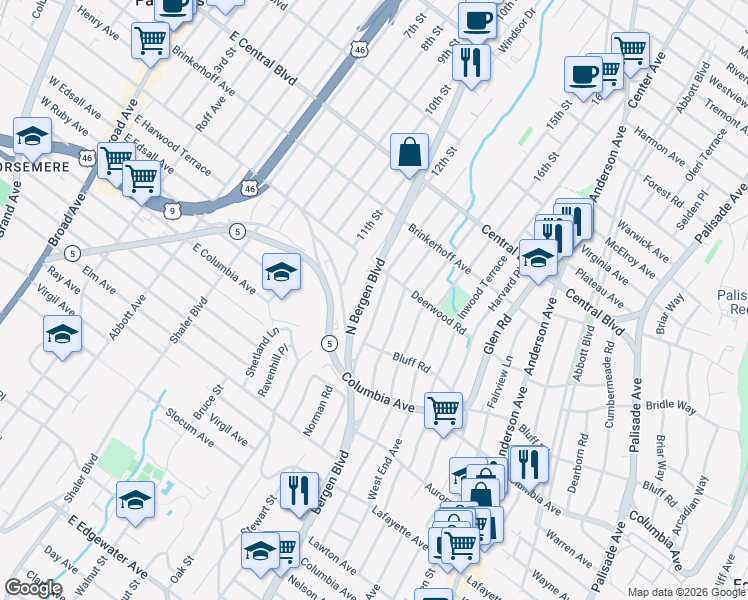 map of restaurants, bars, coffee shops, grocery stores, and more near 166 Morningside Lane in Palisades Park