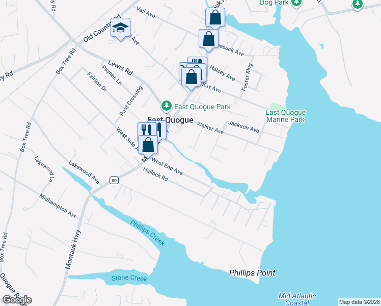 map of restaurants, bars, coffee shops, grocery stores, and more near 12 Walker Court in East Quogue