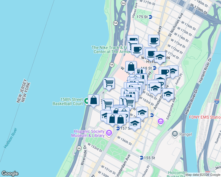 map of restaurants, bars, coffee shops, grocery stores, and more near Riverside Dr & W 162nd St in New York