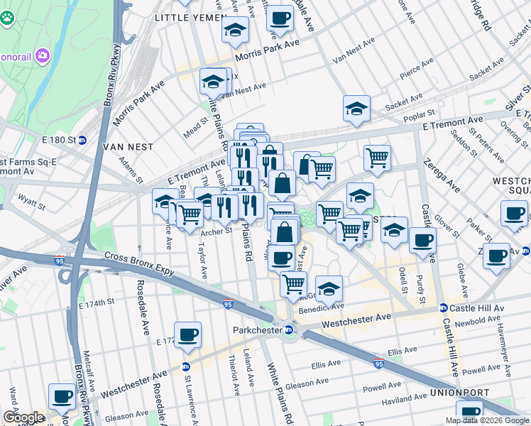 map of restaurants, bars, coffee shops, grocery stores, and more near 1536 White Plains Road in Bronx