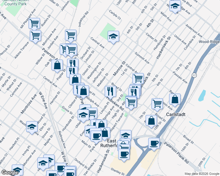 map of restaurants, bars, coffee shops, grocery stores, and more near 500 Broad Street in Carlstadt