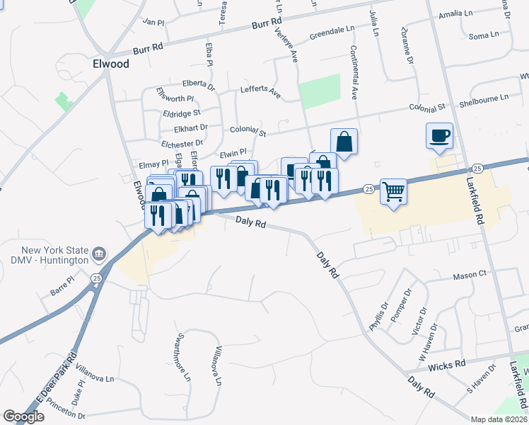 map of restaurants, bars, coffee shops, grocery stores, and more near 2050 New York 25 in Elwood