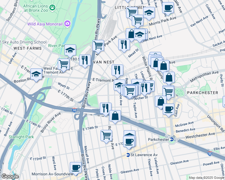 map of restaurants, bars, coffee shops, grocery stores, and more near 1519 Commonwealth Avenue in The Bronx