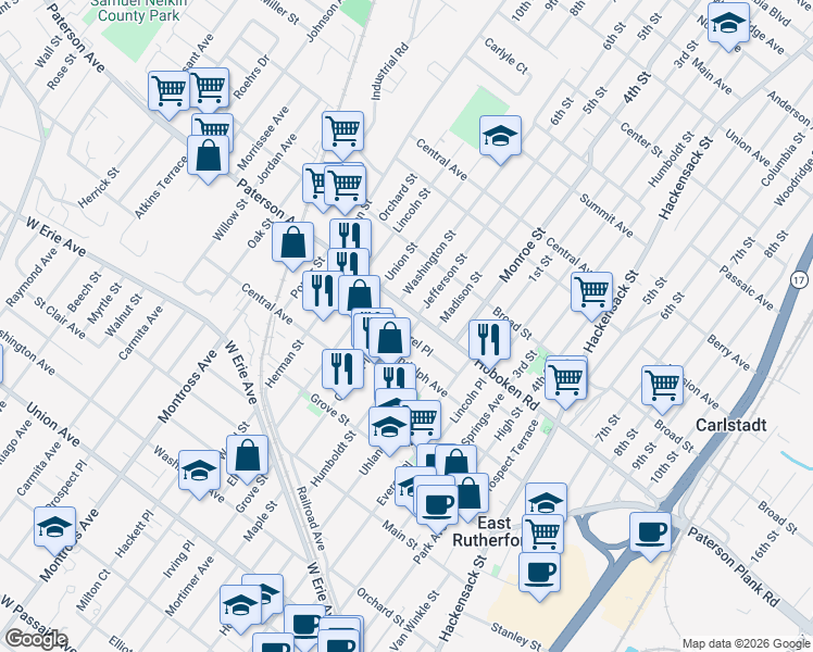 map of restaurants, bars, coffee shops, grocery stores, and more near 302 Hoboken Road in East Rutherford