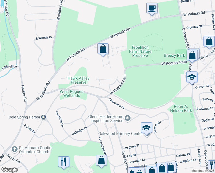map of restaurants, bars, coffee shops, grocery stores, and more near 7 Harby Drive in Huntington