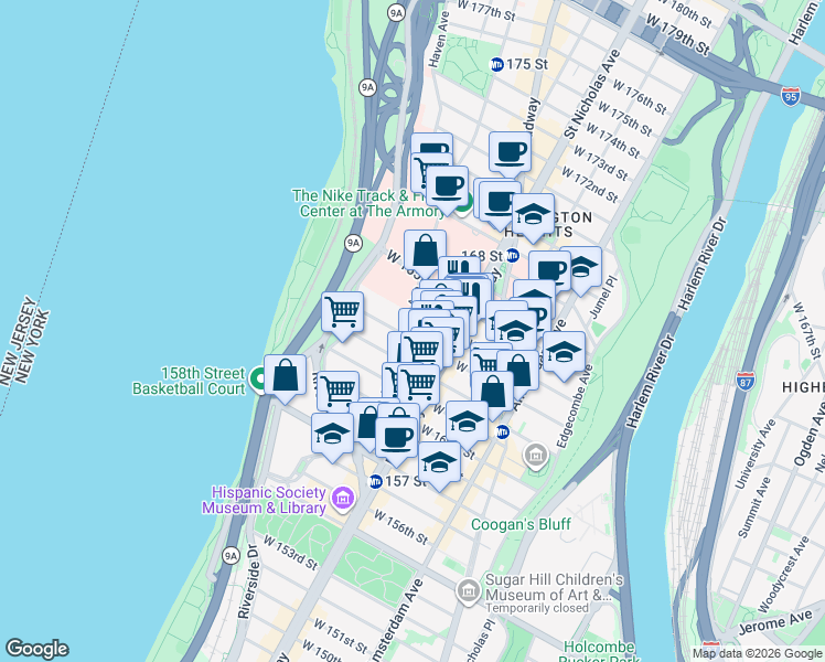 map of restaurants, bars, coffee shops, grocery stores, and more near 100 Fort Washington Avenue in New York