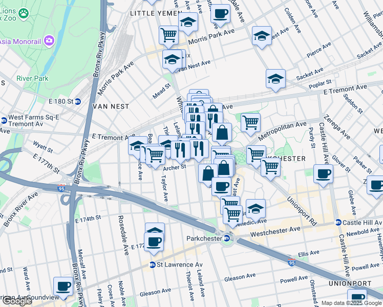 map of restaurants, bars, coffee shops, grocery stores, and more near 1529 White Plains Road in Bronx