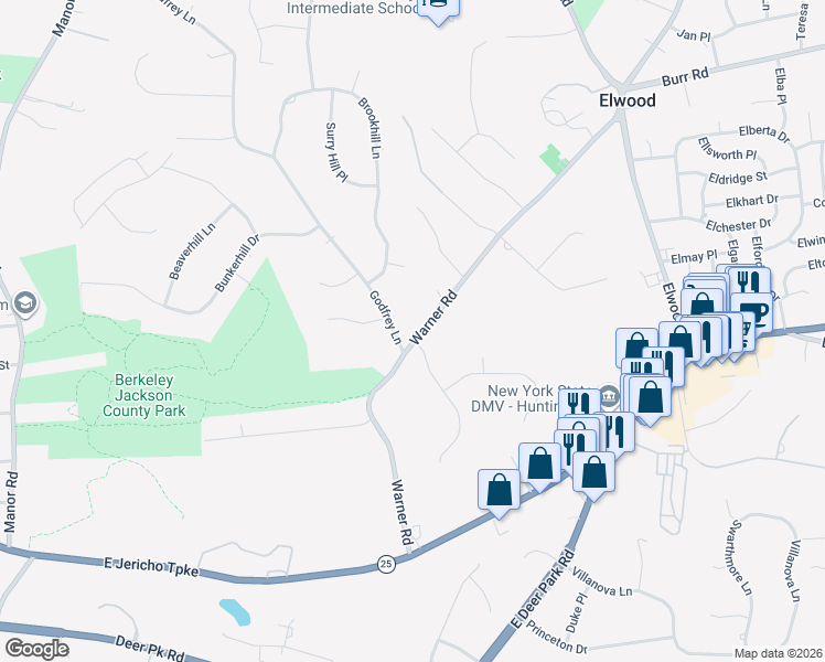 map of restaurants, bars, coffee shops, grocery stores, and more near 127 Godfrey Lane in Huntington