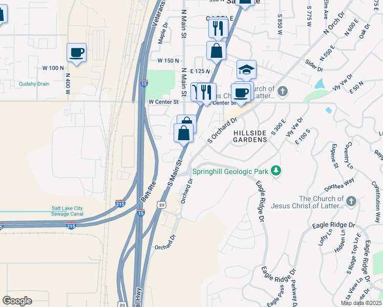 map of restaurants, bars, coffee shops, grocery stores, and more near 150 South Orchard Drive in North Salt Lake