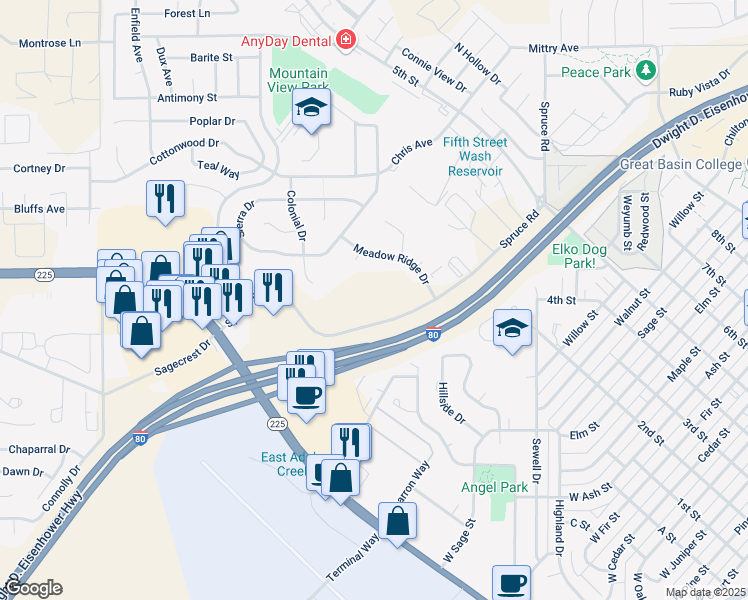 map of restaurants, bars, coffee shops, grocery stores, and more near 101 Spruce Road in Elko