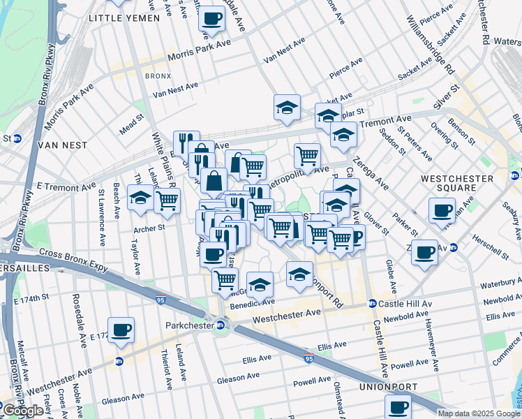 map of restaurants, bars, coffee shops, grocery stores, and more near 1504 Metropolitan Avenue in Bronx