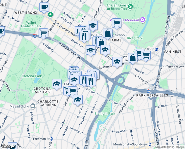 map of restaurants, bars, coffee shops, grocery stores, and more near 1848 Vyse Avenue in Bronx