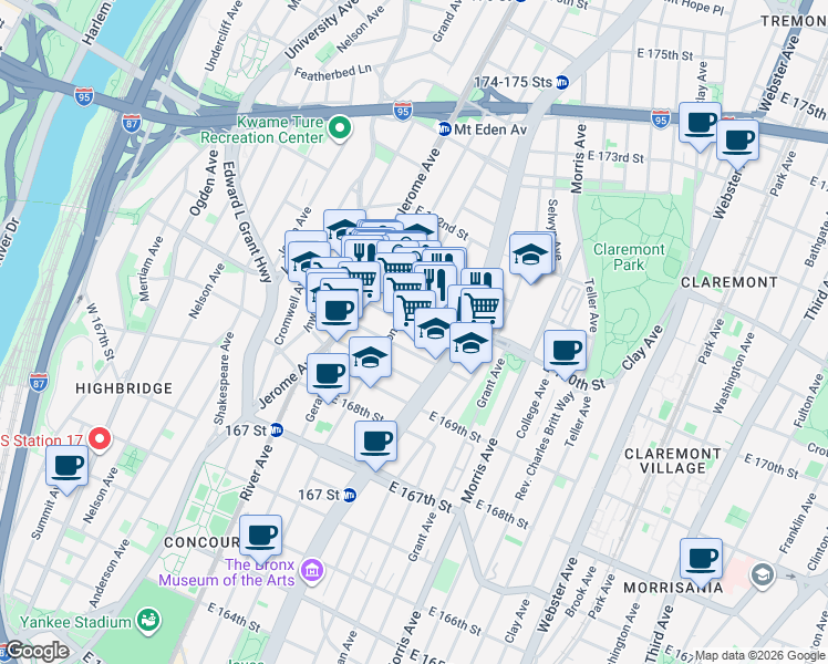 map of restaurants, bars, coffee shops, grocery stores, and more near 118 East 170th Street in The Bronx