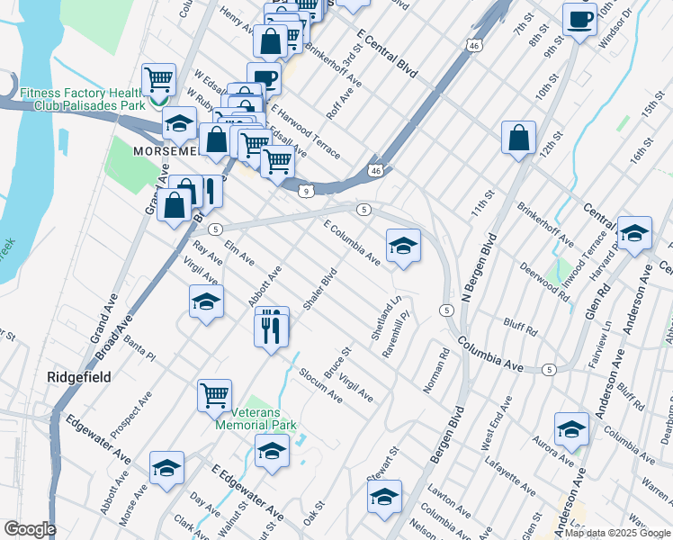 map of restaurants, bars, coffee shops, grocery stores, and more near 301B East Harriet Avenue in Palisades Park