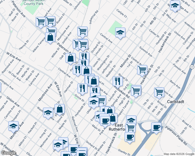 map of restaurants, bars, coffee shops, grocery stores, and more near 302 Hoboken Road in East Rutherford