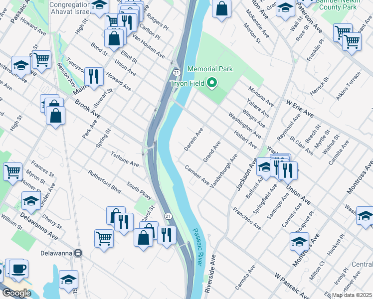 map of restaurants, bars, coffee shops, grocery stores, and more near 116 Hastings Avenue in Rutherford