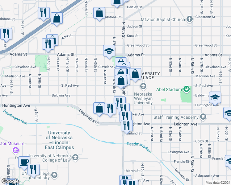 map of restaurants, bars, coffee shops, grocery stores, and more near 4635 Saint Paul Avenue in Lincoln