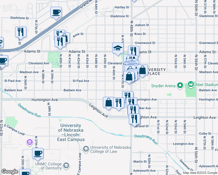 map of restaurants, bars, coffee shops, grocery stores, and more near 4519 Saint Paul Avenue in Lincoln