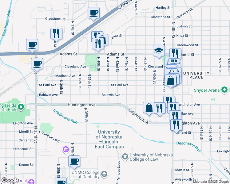 map of restaurants, bars, coffee shops, grocery stores, and more near 2645 North 42nd Street in Lincoln