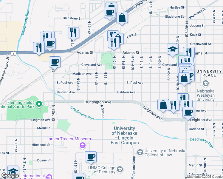 map of restaurants, bars, coffee shops, grocery stores, and more near 3935 Saint Paul Avenue in Lincoln