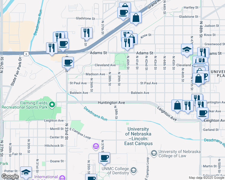 map of restaurants, bars, coffee shops, grocery stores, and more near 3831 Saint Paul Avenue in Lincoln