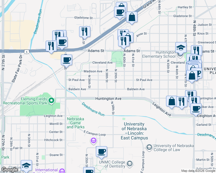 map of restaurants, bars, coffee shops, grocery stores, and more near 3831 Saint Paul Avenue in Lincoln