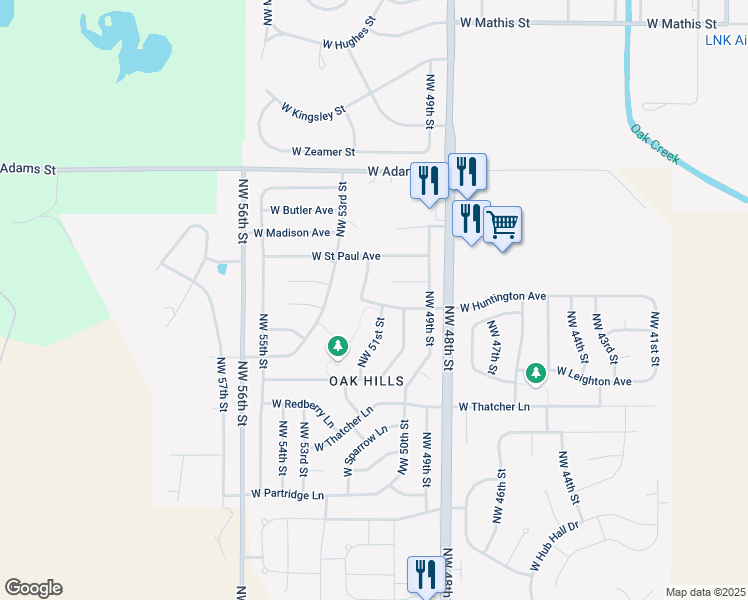 map of restaurants, bars, coffee shops, grocery stores, and more near 2520 Northwest 52nd Street in Lincoln