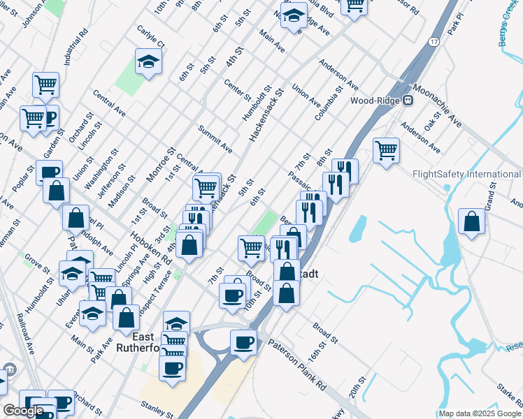 map of restaurants, bars, coffee shops, grocery stores, and more near 374 Berry Avenue in Carlstadt