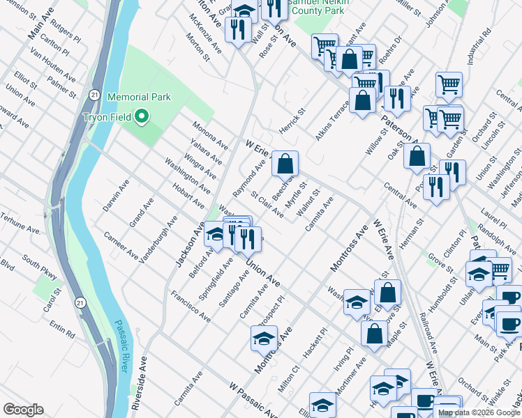 map of restaurants, bars, coffee shops, grocery stores, and more near 50 Beech Street in Rutherford