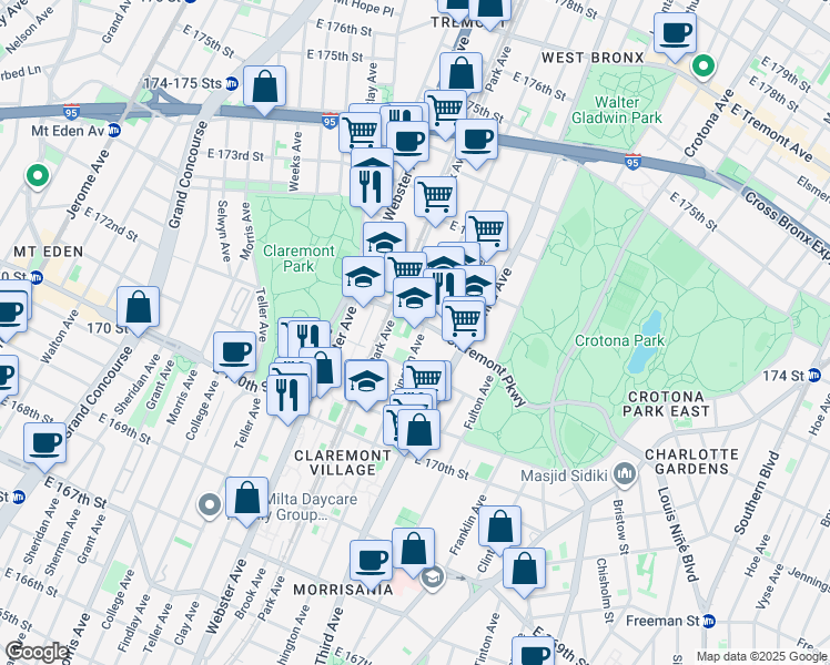 map of restaurants, bars, coffee shops, grocery stores, and more near 1537 Washington Avenue in The Bronx