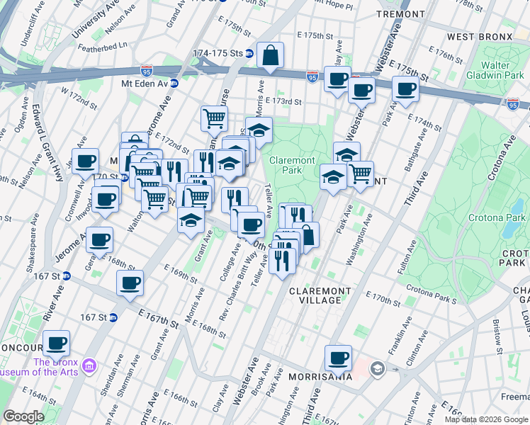 map of restaurants, bars, coffee shops, grocery stores, and more near 1464 College Avenue in Bronx