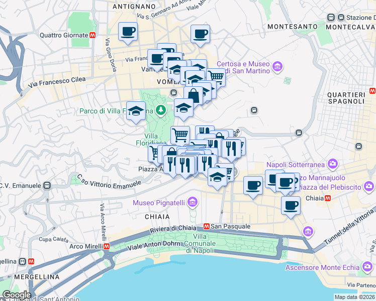 map of restaurants, bars, coffee shops, grocery stores, and more near Corso Vittorio Emanuele in Napoli
