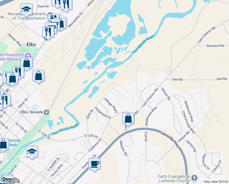 map of restaurants, bars, coffee shops, grocery stores, and more near 1713 Stoneridge Drive in Elko