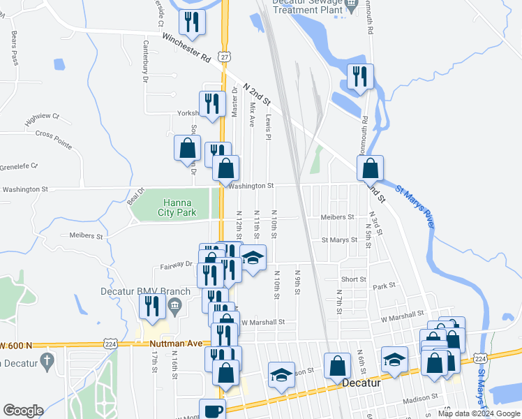 map of restaurants, bars, coffee shops, grocery stores, and more near 916 North 11th Street in Decatur
