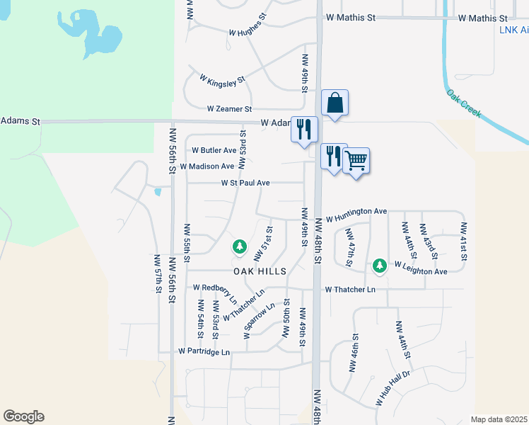 map of restaurants, bars, coffee shops, grocery stores, and more near 2520 Northwest 52nd Street in Lincoln