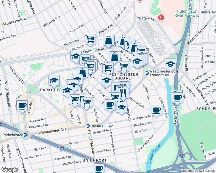map of restaurants, bars, coffee shops, grocery stores, and more near 1509 Rowland Street in Bronx