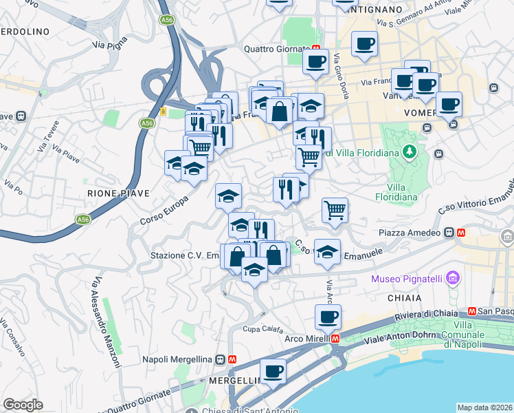 map of restaurants, bars, coffee shops, grocery stores, and more near 212 Via Torquato Tasso in Napoli