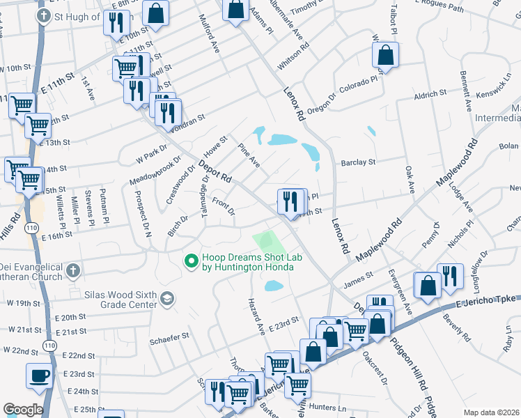 map of restaurants, bars, coffee shops, grocery stores, and more near in Huntington Station