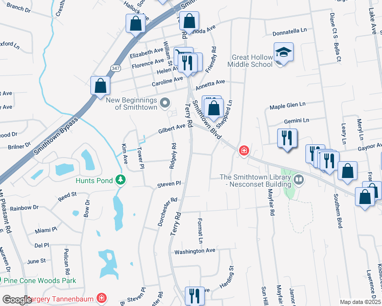 map of restaurants, bars, coffee shops, grocery stores, and more near Terry Rd & Sycamore Pl in Smithtown