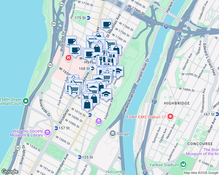 map of restaurants, bars, coffee shops, grocery stores, and more near 456 West 167th Street in New York