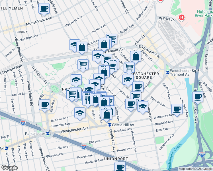 map of restaurants, bars, coffee shops, grocery stores, and more near 1650 Glover Street in Bronx