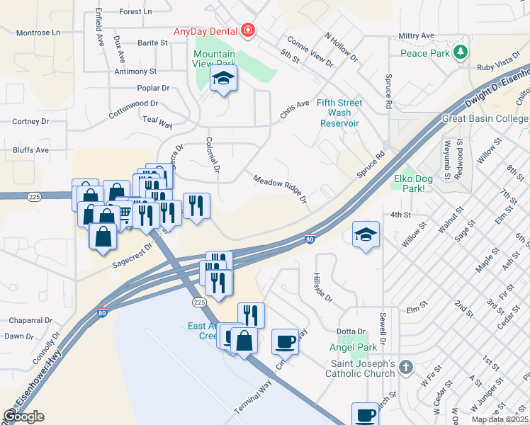 map of restaurants, bars, coffee shops, grocery stores, and more near 101 Spruce Road in Elko