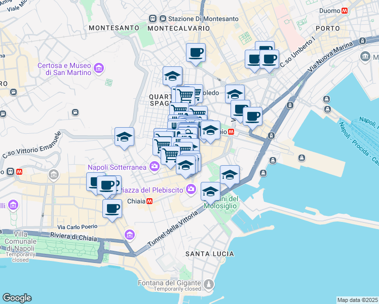 map of restaurants, bars, coffee shops, grocery stores, and more near 210 Via Toledo in Napoli
