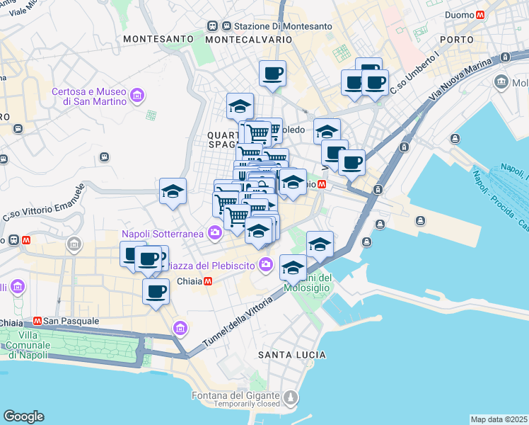 map of restaurants, bars, coffee shops, grocery stores, and more near 210 Via Toledo in Napoli