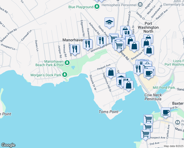 map of restaurants, bars, coffee shops, grocery stores, and more near 42 Pequot Avenue in Port Washington
